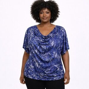 DANA BUCHMAN Size 3X Classic Blue Paisley Cowl Neck Stretch Casual Office Blouse